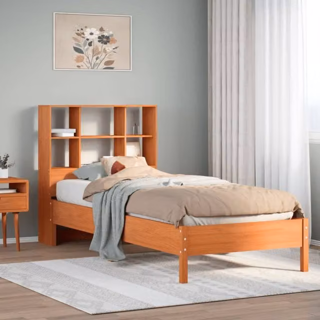 Cama con estantería Maison Exclusive de madera maciza de pino en color marrón y acabado encerado, An/P/Al: 100 x 200 cm