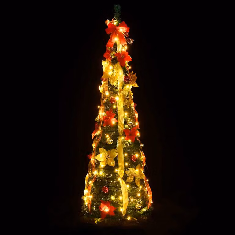 Árbol de Navidad artificial desplegable vidaXL con 150 LED de luz blanca cálida, color verde, Altura: 180 cm