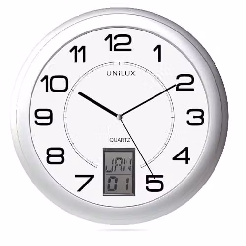 Reloj de pared digital Unilux Instinct redondo en color plata y blanco con pantalla LCD para fecha y mes, Diámetro: 30.5 cm