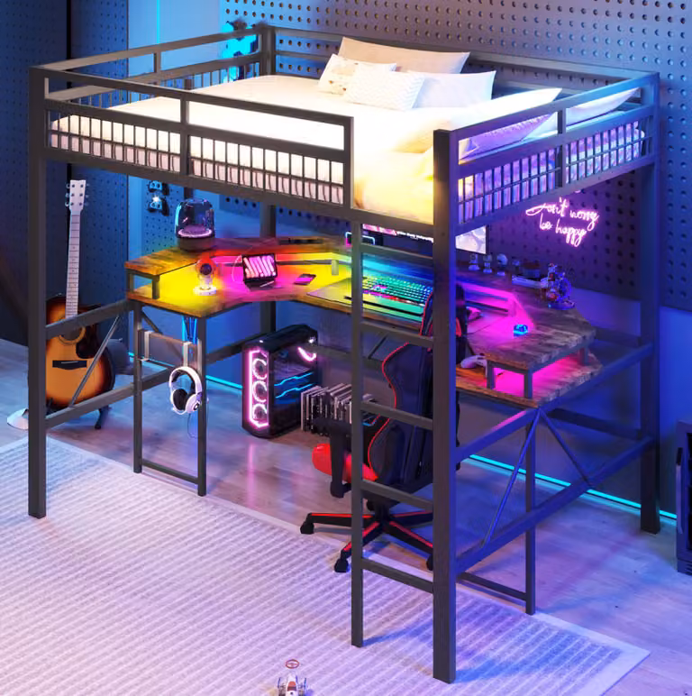 Cama alta REDOM con escritorio LED integrado y puertos USB en color negro mate, An/P/Al: 200 x 140 x 180,5 cm