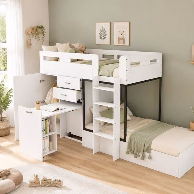 Litera montessori Mivray para niños con escritorio, armario y cajones, color blanco y negro, An/P/Al: 90 x 200 cm
