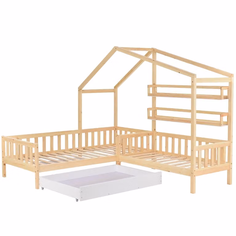 Cama infantil MODFU de estilo escandinavo con estructura de casa, estantería integrada, zona de juegos y cajón en madera de pino y blanco/amarillo, An/P/Al: 90 x 200 x 183 cm