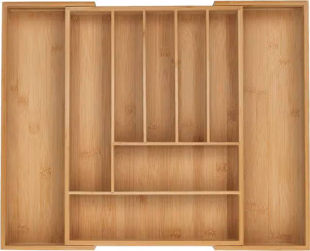 Organizador de cubiertos extensible Relaxdays de bambú y silicona con compartimentos, color beige, An/P/Al: 5 x 32,5-53,5 x 43 cm