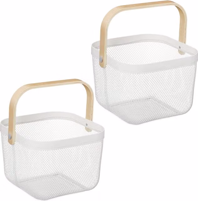Set de 2 cestas de almacenamiento de rejilla metálica con asa de bambú de Relaxdays, color blanco, An/P/Al: 17,5 x 26 x 24,5 cm