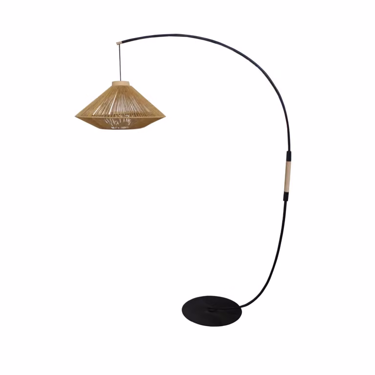 Lámpara de pie de arco Tosel en metal negro y madera natural con pantalla de hilo beige, Altura: 195 cm, Ancho: 110 cm, Profundidad: 40 cm