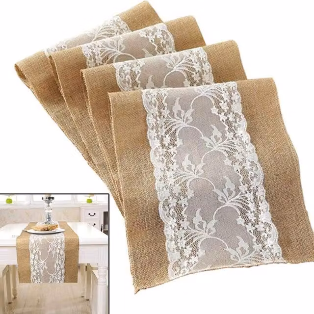 Camino de mesa rústico LIIYIELA de arpillera y algodón con encaje floral en color blanco y beige, ideal para bodas y decoración navideña, An/P/Al: 275 x 1 x 30 cm