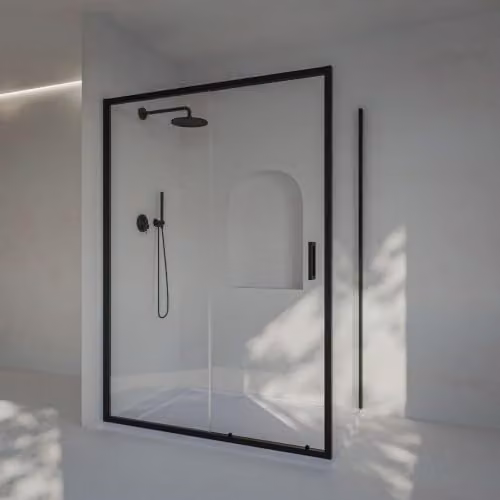Mampara de ducha angular Soulhome con vidrio de seguridad de 6 mm y acabado antical, color negro mate, An/P/Al: 140 x 80 x 200 cm