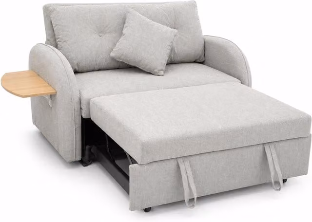 Sofá cama Thor de SWEET SOFA de 2 plazas, convertible en cama con bandeja lateral plegable y tapizado en tela super soft, color gris, 140 x 190 cm