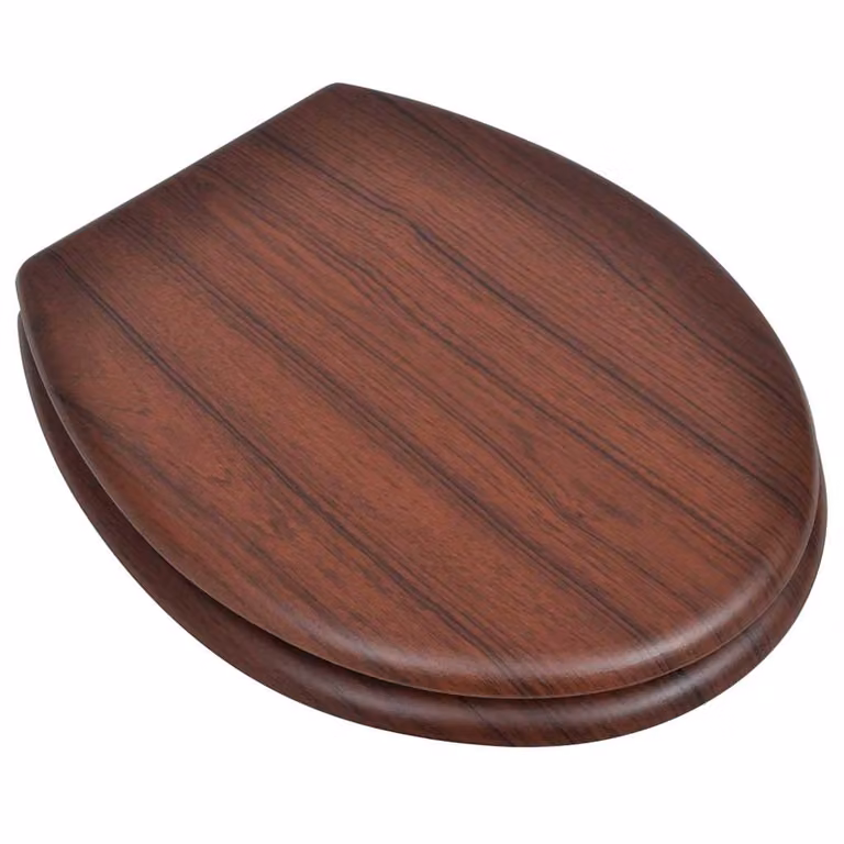 Set de 2 asientos de inodoro ovalados vidaXL en MDF color marrón con cierre suave y herrajes de zinc y cromo