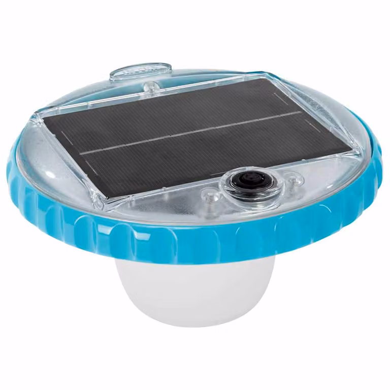 Lámpara LED solar flotante Intex para piscina en color blanco y azul con efecto RGB y sensor crepuscular