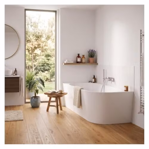 Bañera de esquina Milo de Mob-In en acrílico blanco, diseño semi-ilot con ángulo izquierdo, An/P/Al: 170 x 58 x 54 cm