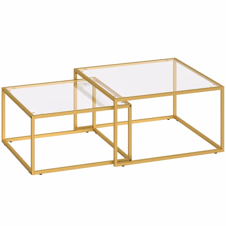 Mesas nido Homcom de vidrio templado transparente y metal oro, diseño moderno cuadrado, An/P/Al: 75 x 75 x 42 cm
