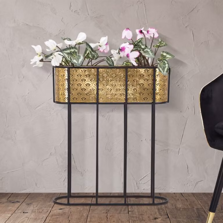 Macetero de metal Mauro Ferretti para mesa, diseño rectangular en color dorado y negro, An/P/Al: 60 x 20 x 70 cm