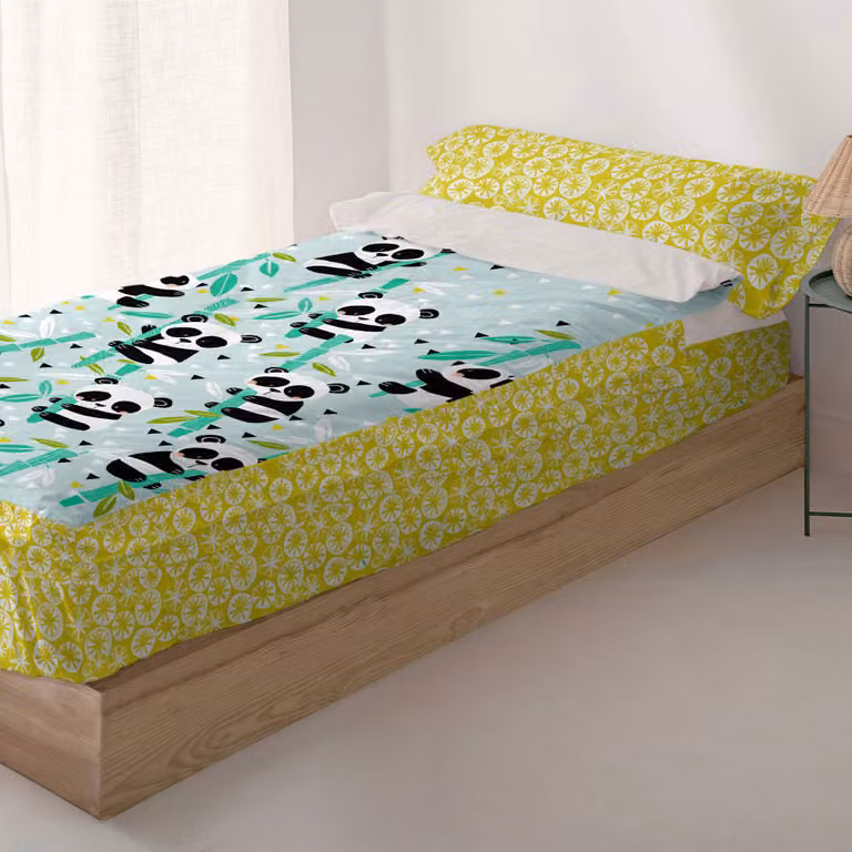 Saco nórdico Panda garden azul para niños con diseño de animales en algodón An x Al: 90 x 200 cm