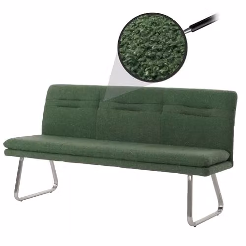 Banco de comedor tapizado Mendler HWC-H70 en tela bouclé verde con estructura de metal plateado, An/P/Al: 180 x 58 x 45 cm