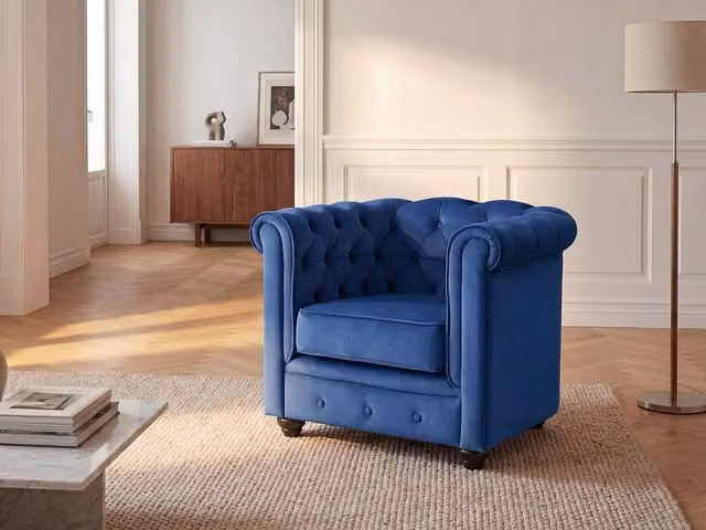 Sillón clásico de 1 plaza Chesterfield Vente-Unique en terciopelo azul