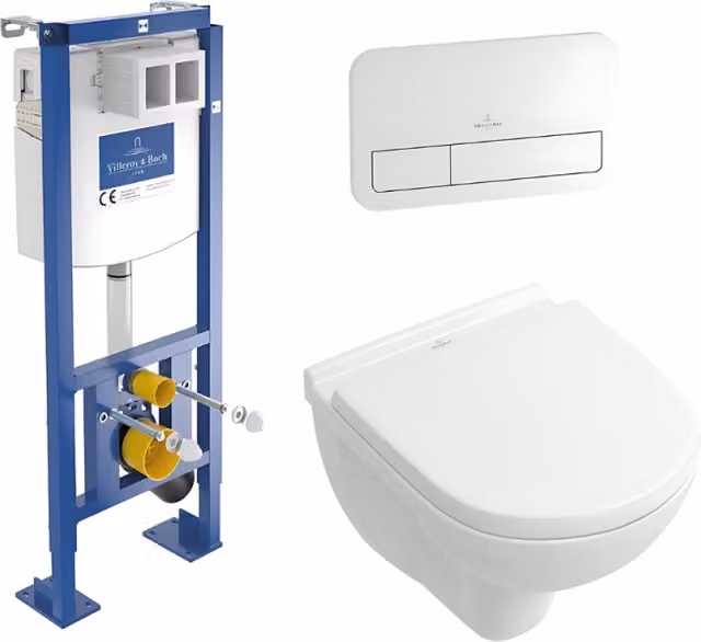 Pack de inodoro suspendido compacto Villeroy & Boch O.novo sin cerco en color blanco con asiento soft close, placa y estructura de descarga horizontal
