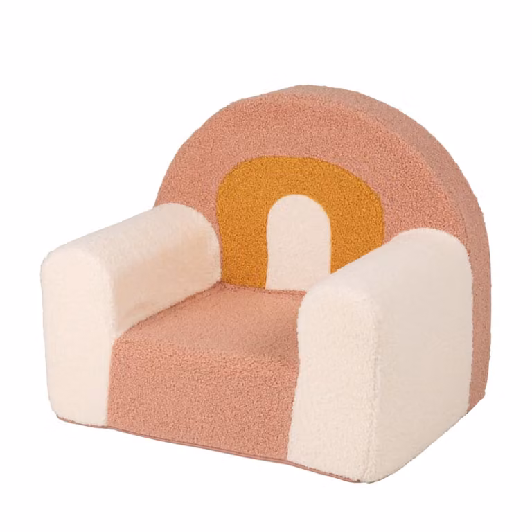 Sillón infantil de tela de rizo Maisons du Monde en colores rosa y amarillo con estructura de madera de pino