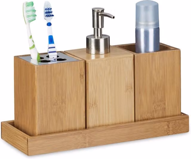 Set de accesorios de baño de 4 piezas de bambú con bandeja de relaxdays, incluye dispensador de jabón, portacepillos y jabonera, An/P/Al: 18,5 x 25 x 10,5 cm
