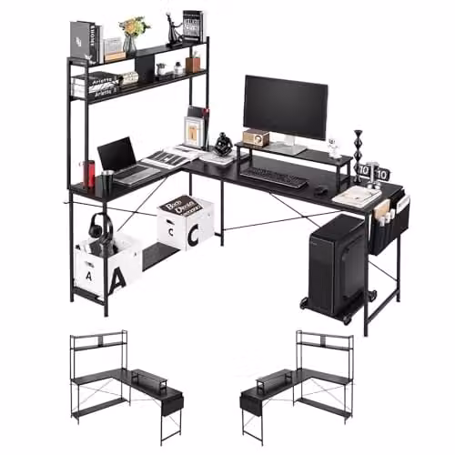Escritorio esquinero VEVOR en forma de L reversible con soporte para monitor y CPU móvil, mesa de ordenador moderna en color negro, An/P/Al: 120 x 70 x 160 cm