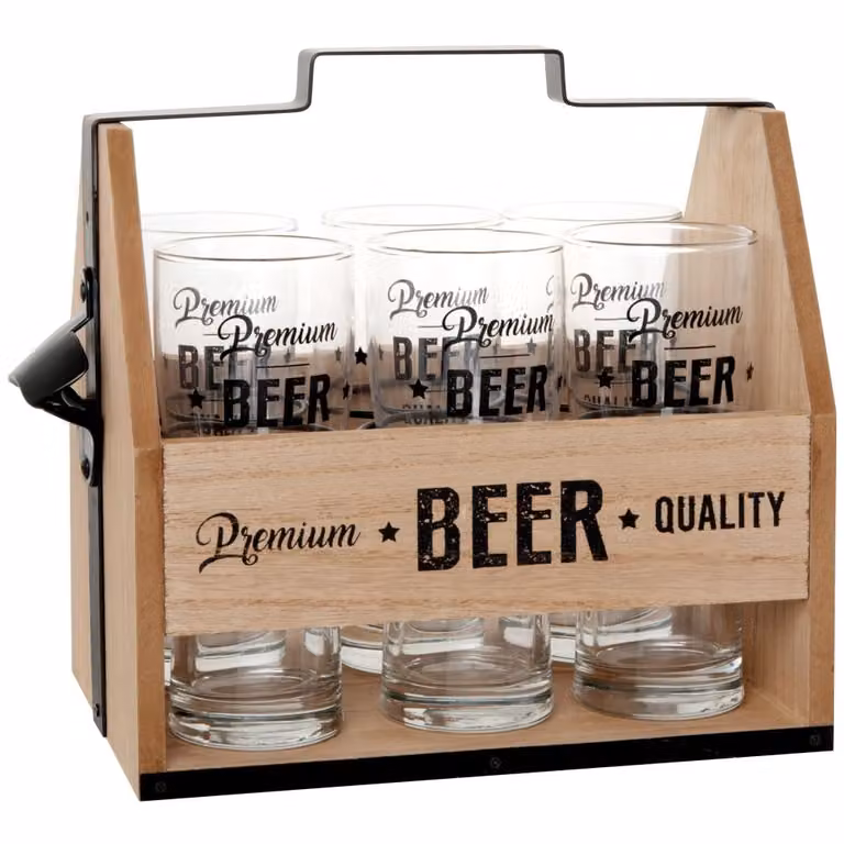 Set de 6 jarras de cerveza de cristal transparente con soporte de madera de eucalipto negro Maisons du Monde