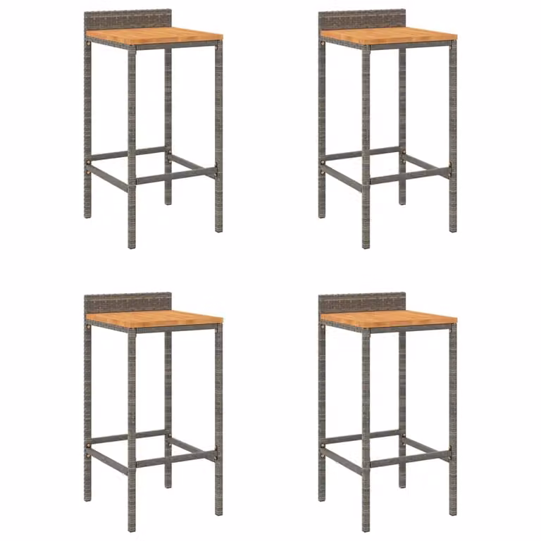 Set de 4 taburetes altos Syfax de madera de acacia y ratán sintético en color gris para jardín o cocina