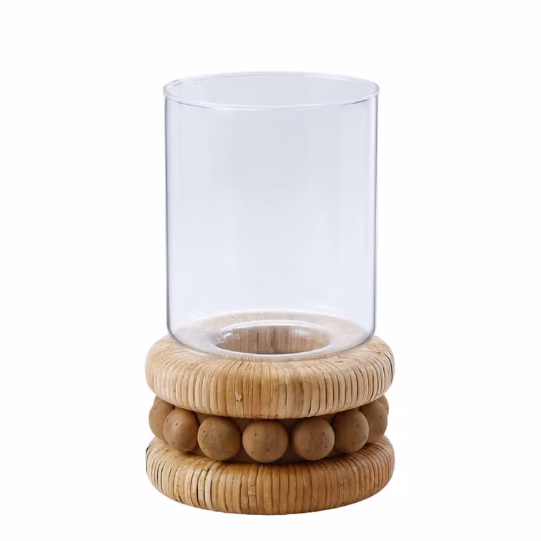 Portavelas de ratán y cristal Sia Deco en color beige para mesa, Altura: 33 cm