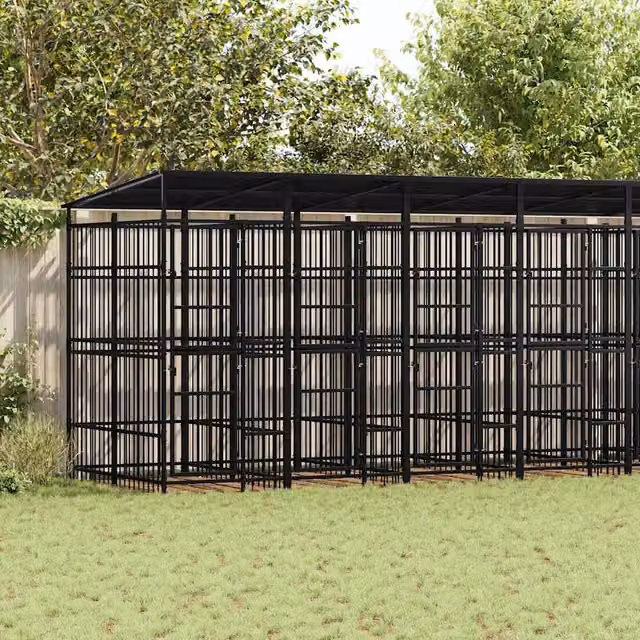 Perrera de exterior SYFAX con techo de acero resistente a la intemperie en color negro de 14,75 m²