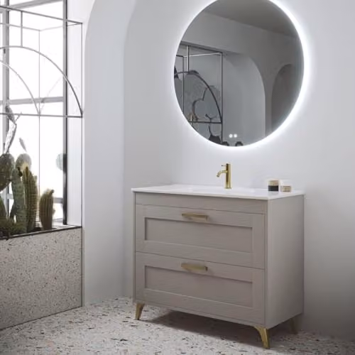 Mueble de baño de suelo B BAÑO TOTAL con puertas y cajones, acabado mate en blanco y marrón con iluminación LED