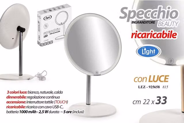 Espejo de sobremesa Maury's con luz LED recargable y sensor táctil, blanco y transparente, An/Al: 21,5 x 33 cm