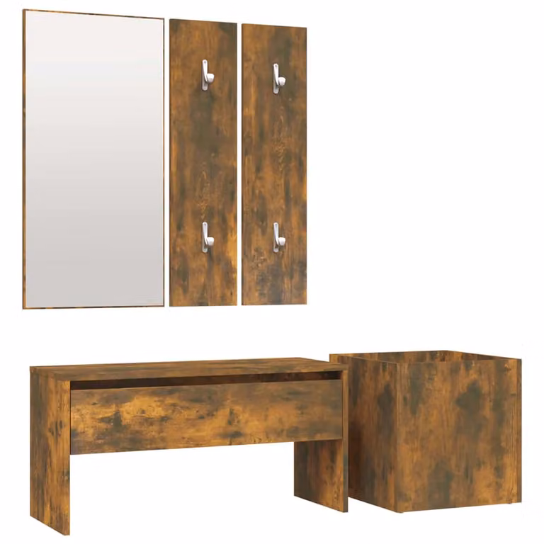Set de muebles de recibidor moderno vidaXL en madera de roble y color marrón que incluye banco, espejo, estante de pared y zapatero