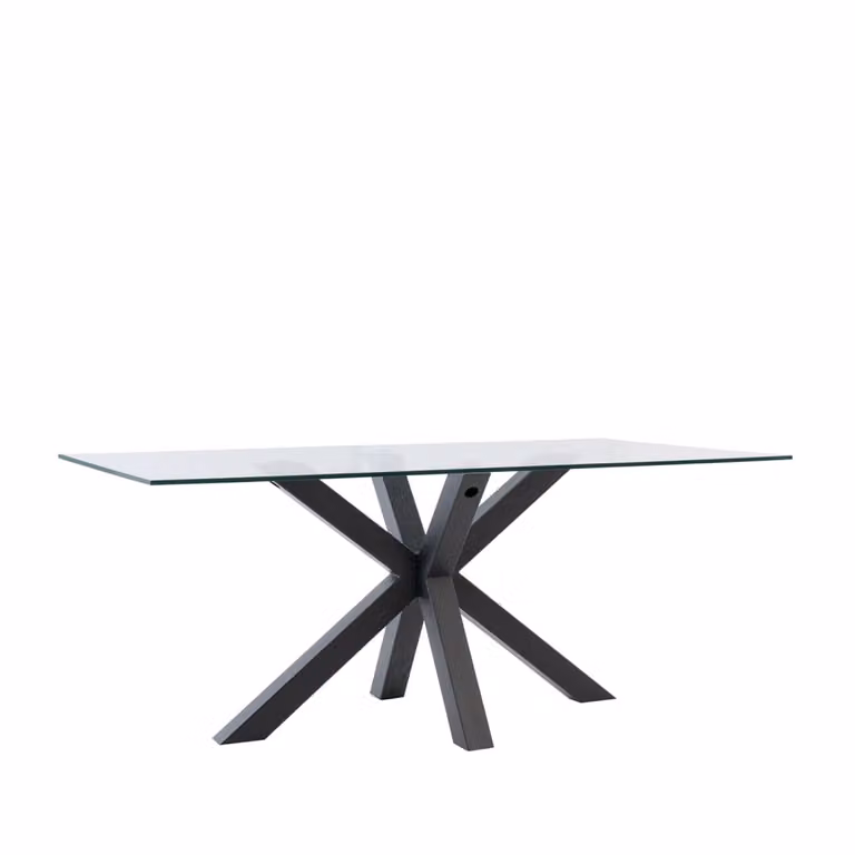 Mesa de comedor moderna Manipur 180 de Koketto Home con tablero de vidrio transparente y patas negras de metal