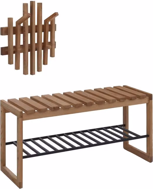 Conjunto de recibidor HHG MCA HHG-393 con panel, banco y estante para zapatos en madera maciza de roble color marrón