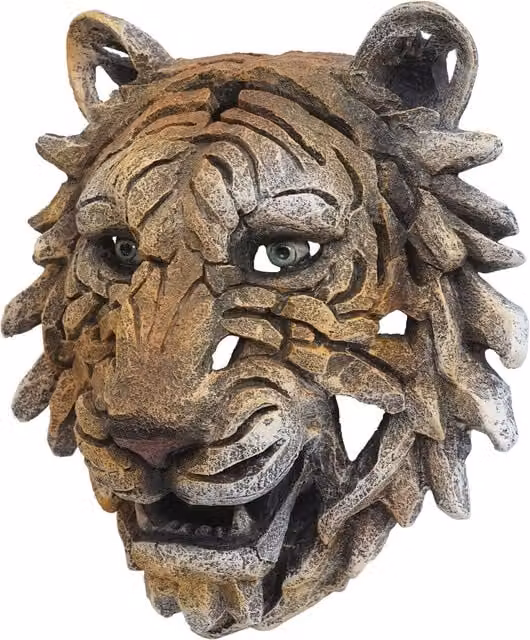 Decoración de pared cabeza de tigre estilo trofeo Décoshop26 color amarillo y dorado de 35 cm en poliresina para uso interior y exterior