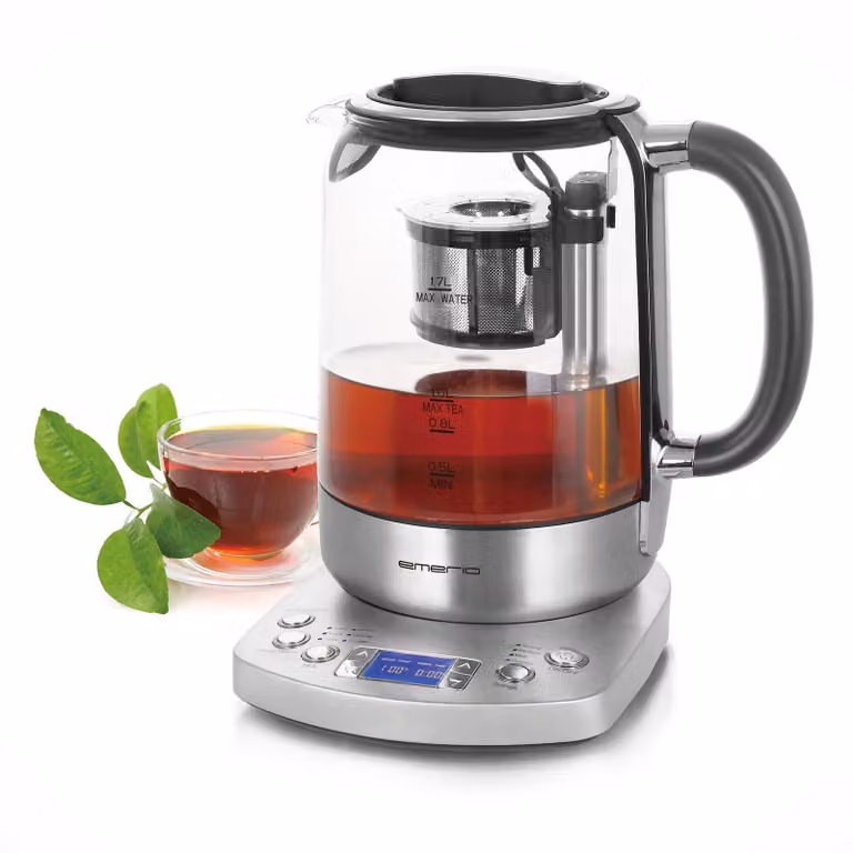 Hervidor de agua y tetera Emerio WK-122248 de vidrio y acero inoxidable, color plata y transparente, con función de apagado automático y mantener caliente, capacidad de 1,7 l