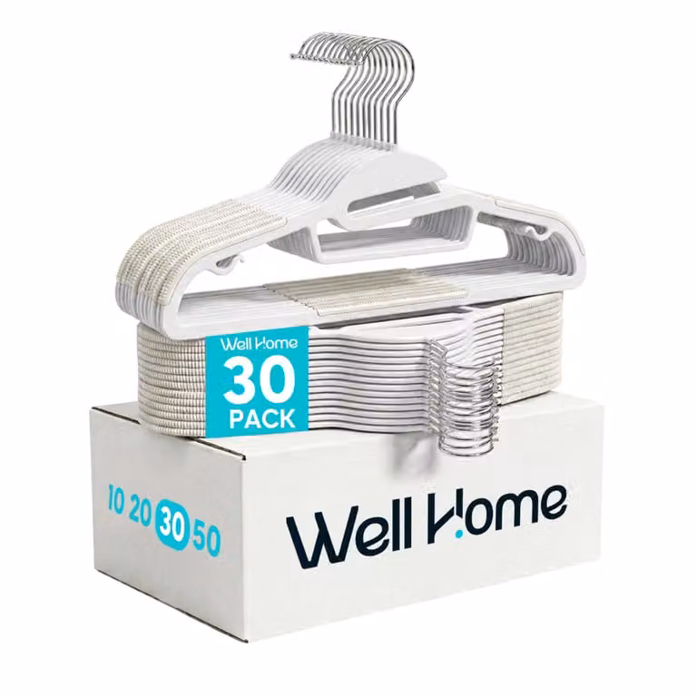 Pack de 30 perchas antideslizantes de plástico Wellhome con barra y muescas en color blanco An/P/Al: 41,2 x 21,3 x 1,2 cm