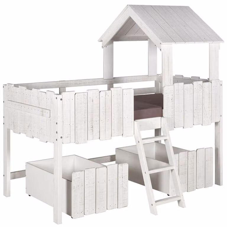 Cama cabaña de media altura ID Kids para niños en madera de pino blanca con cajones y zona de juego An/P/Al: 90 x 190 x 81,5 cm