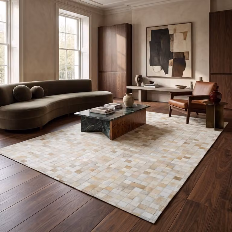 Alfombra de cuero natural reciclado con diseño de mosaico patchwork beige de The Deco Factory, An/P: 120 x 170 cm