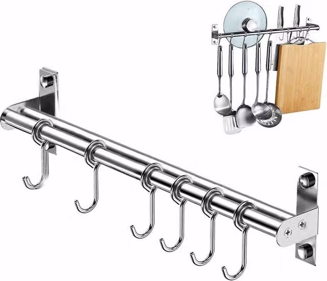 Estante para utensilios de cocina Tigrezy de acero inoxidable 304 en color plata y gris con 6 ganchos deslizantes y barra de pared de 40 cm con instalación sin taladro