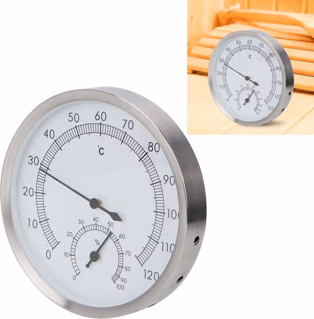 Termohigrómetro 2 en 1 NOSHEIR de acero inoxidable color plata para saunas, impermeable y resistente a altas temperaturas