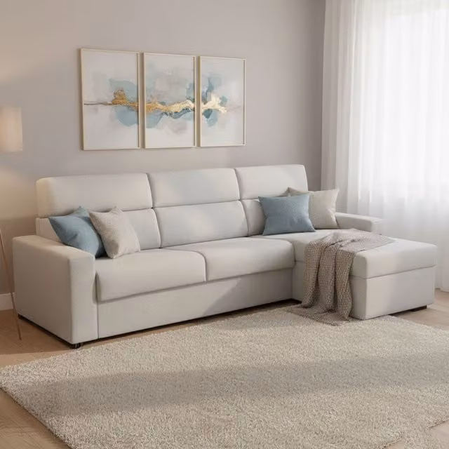 Sofá cama con chaise longue DMORA gris, reversible y desenfundable con función de cama y almacenaje, An/P/Al: 280 x 160 x 100 cm