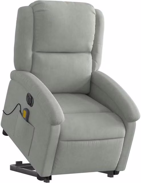 Sillón de masaje reclinable y elevable SYFAX en terciopelo gris claro con reposabrazos