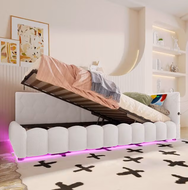 Cama de día Mivray tapizada en terciopelo blanco con somier de almacenaje hidráulico, iluminación LED y puertos USB y Tipo-C, An/P/Al: 90 x 200 x 102 cm