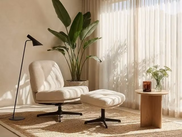 Sillón clásico de una plaza Vente-Unique con reposapiés en color beige y estructura tapizada