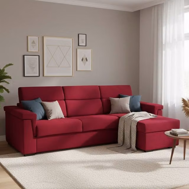 Sofá cama con chaise longue DMORA en color rojo, diseño moderno con fundas desenfundables y función de cama, An/P/Al: 285 x 160 cm