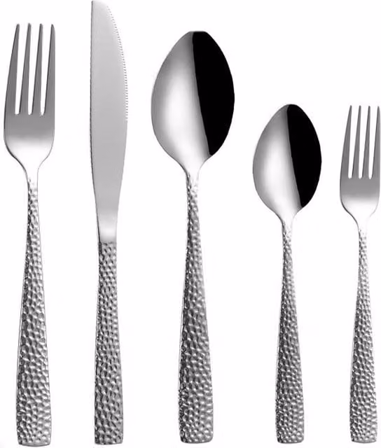Juego de cubiertos de acero inoxidable pulido color plata de 5 piezas para adultos que incluye cuchillo de mesa, cuchara, tenedor y cucharilla