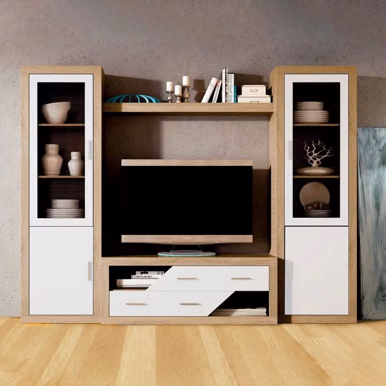 Vitrina alta de salón Nuka de DUEHOME en blanco y gris con puertas de cristal An/P/Al: 60 x 34,6 x 193,2 cm