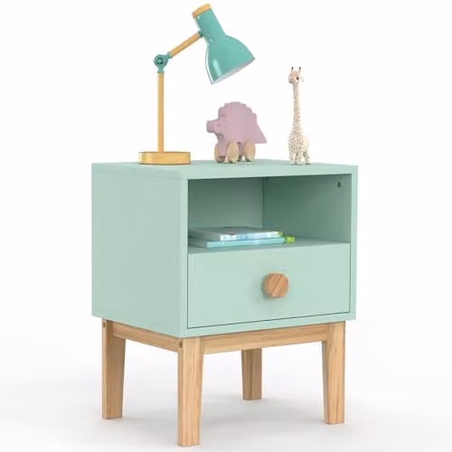 Mesa de noche para niños Jacob de IDMarket en color verde agua y madera de estilo escandinavo