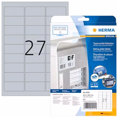 Etiquetas autoadhesivas Herma Superprint Lasercopy para láser, color plateado, pack de 675 unidades, An/P: 63,5 x 29,6 mm