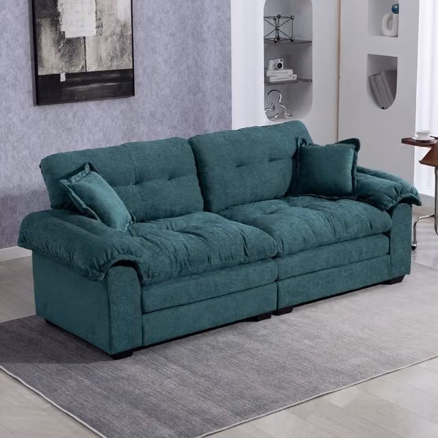 Sofá de dos plazas KELLANY en chenilla color verde con cojines incluidos y fundas extraíbles, An: 214 cm